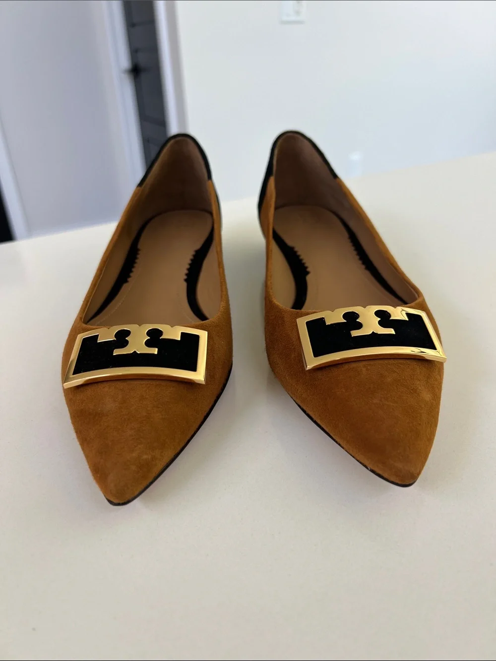 Tory Burch gigi 20mm pointy toe flat silk suede leather dark tiramisu tan black